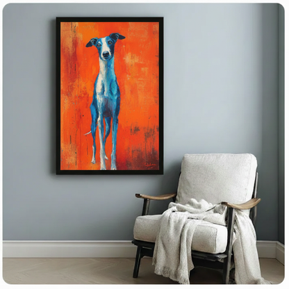 Greyhound oil painting style canvas print close-up — eclectic dog art for American interior design
