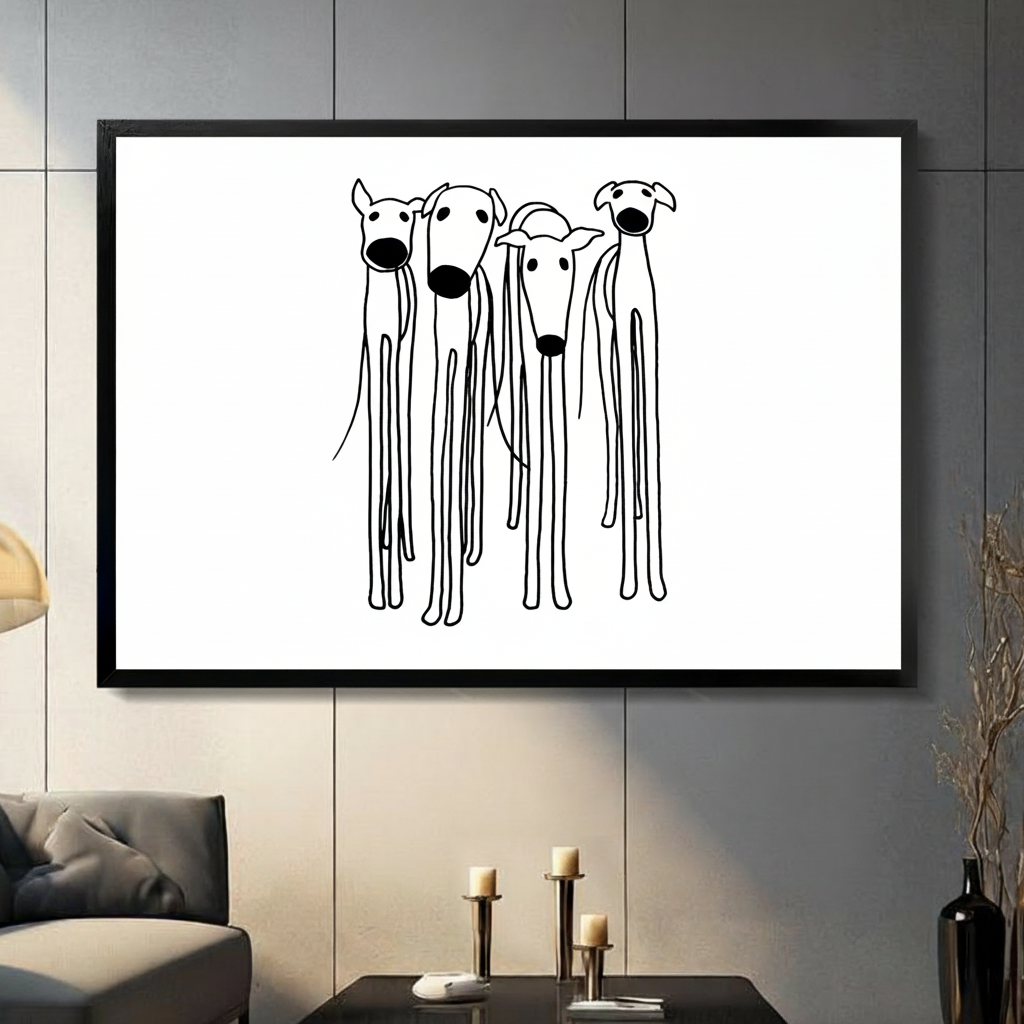 Black framed minimalist greyhound line art canvas with four whippets in simple black line drawing on white background displayed in a modern dark gray living room with gray sofa and candlestick holders