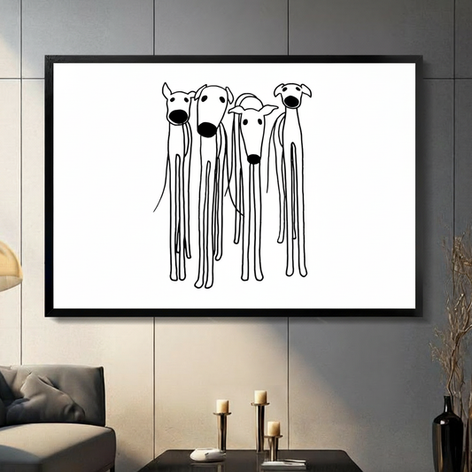 Black framed minimalist greyhound line art canvas with four whippets in simple black line drawing on white background displayed in a modern dark gray living room with gray sofa and candlestick holders