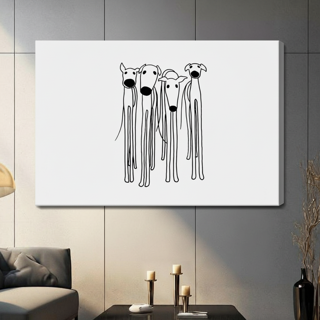 Gallery wrap stretched canvas of four minimalist greyhound dogs drawn in single black line art with white background hung frameless on a dark gray paneled wall above candlestick holders and black vase