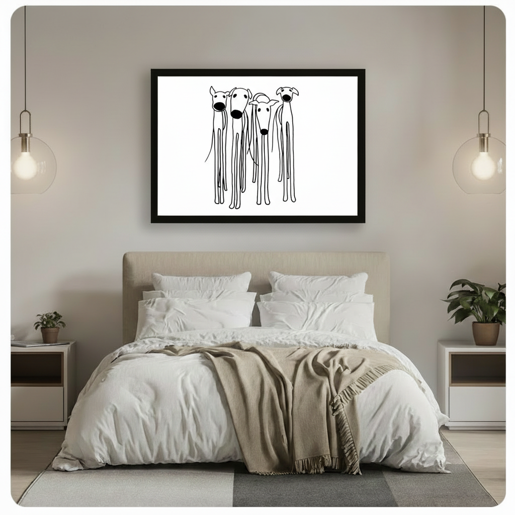 Black framed funny greyhound dog line art canvas wall art with four long-legged whippets on white background hung above a beige upholstered bed with white linen bedding and glass globe pendant lights