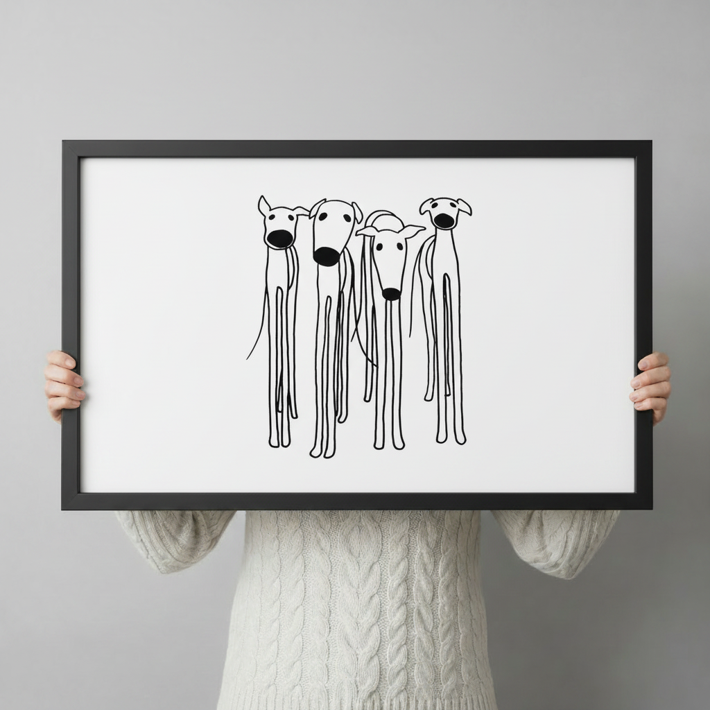 Person in white knit sweater holding a large black framed minimalist four greyhound whippet line drawing canvas art print against a neutral gray background, horizontal product size display