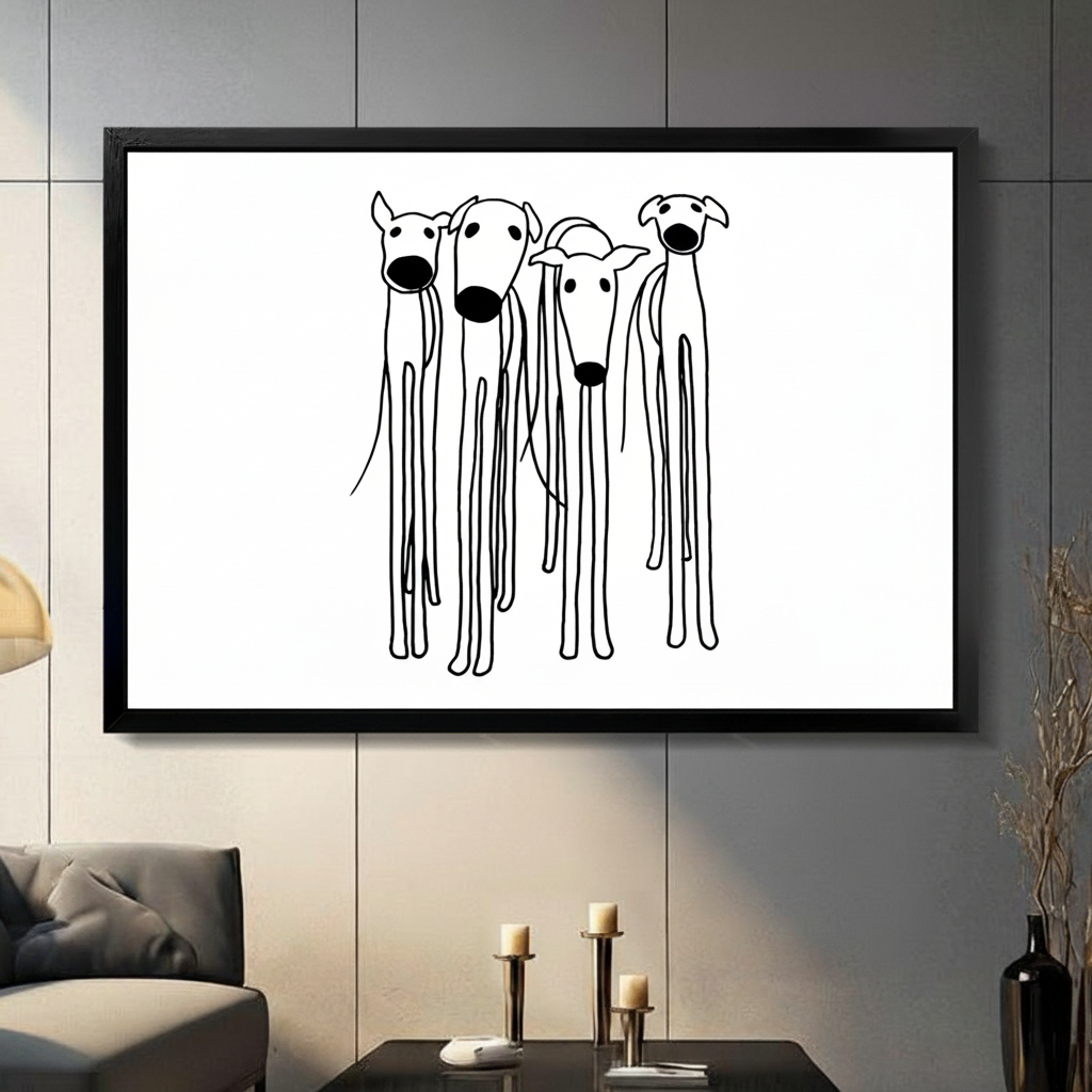 Black framed minimalist greyhound line art canvas with four whippets in simple black line drawing on white background displayed in a modern dark gray living room with gray sofa and candlestick holders