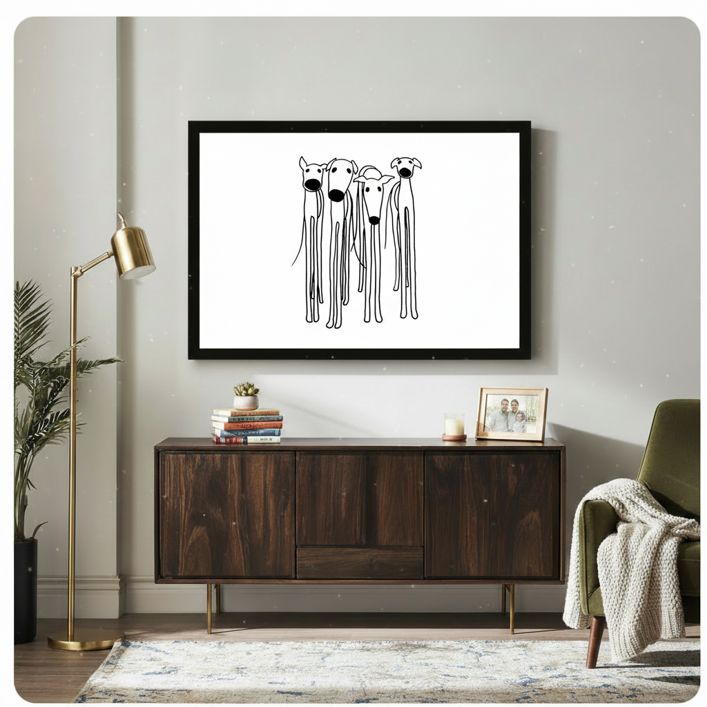 Black framed minimalist greyhound whippet quartet line drawing canvas art hung above a dark walnut sideboard with stacked books and family photo in a modern living room with gold floor lamp and olive green chair