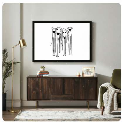 Black framed minimalist greyhound whippet quartet line drawing canvas art hung above a dark walnut sideboard with stacked books and family photo in a modern living room with gold floor lamp and olive green chair