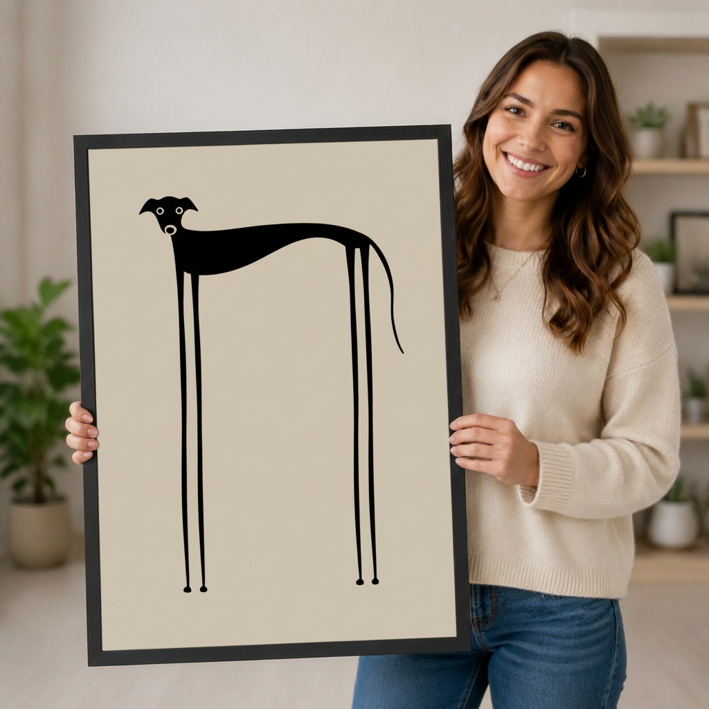 Woman holding a large framed minimalist dog wall art print showing a whimsical black greyhound silhouette with exaggerated long legs on a beige background, demonstrating print size and premium black frame quality