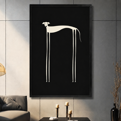 Minimalist greyhound long-leg wall art print in black frame on dark tile wall with candlestick decor