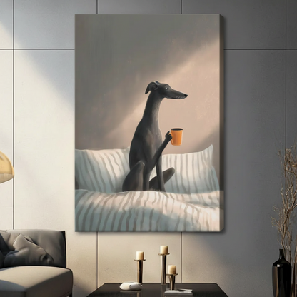Italian greyhound with orange coffee mug stretched canvas print hung in contemporary neutral living room