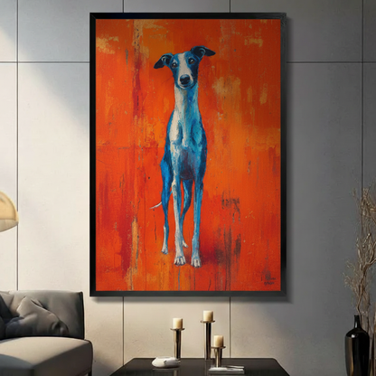 Blue greyhound expressionist oil painting canvas wall art — cobalt and white on vivid orange-red background
