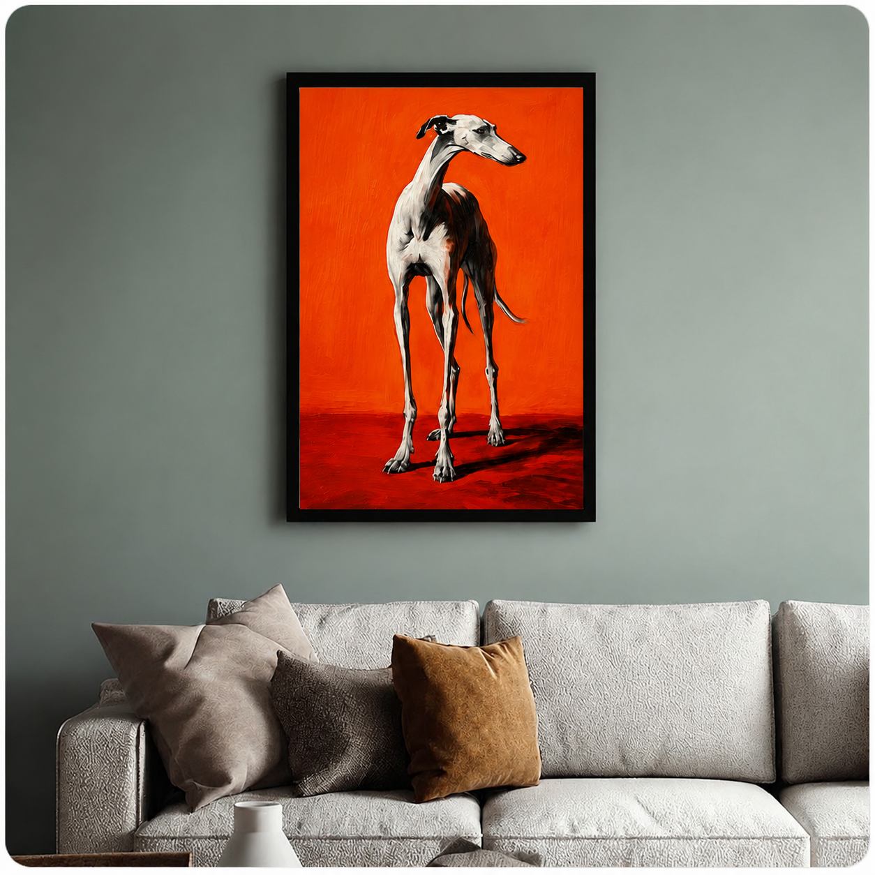 Framed greyhound portrait oil painting on orange background above grey linen sofa in sage green living room with warm neutral cushions