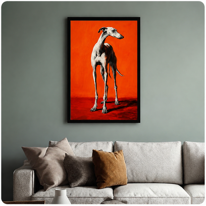 Framed greyhound portrait oil painting on orange background above grey linen sofa in sage green living room with warm neutral cushions