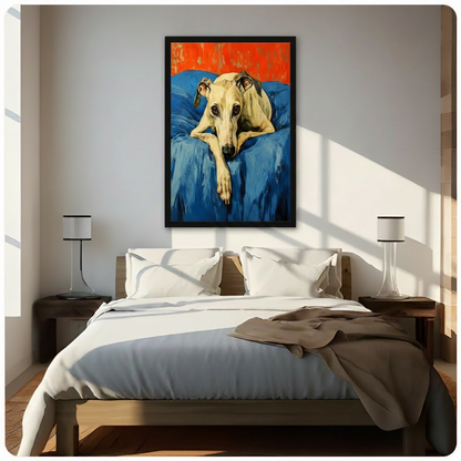 Framed greyhound dog oil painting canvas art hung above a bed in a bright minimalist bedroom, bold colorful pet portrait for modern American home decor