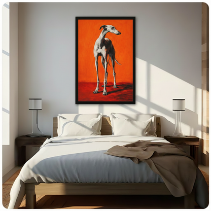 Large framed greyhound portrait canvas wall art on orange background displayed above wooden bed in sunlit minimalist bedroom with white bedding and matching bedside lamps