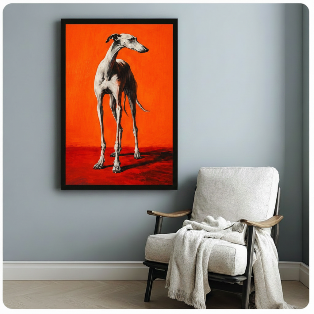 Framed greyhound standing portrait on orange-red canvas hung above white linen armchair with throw blanket in minimalist grey reading nook