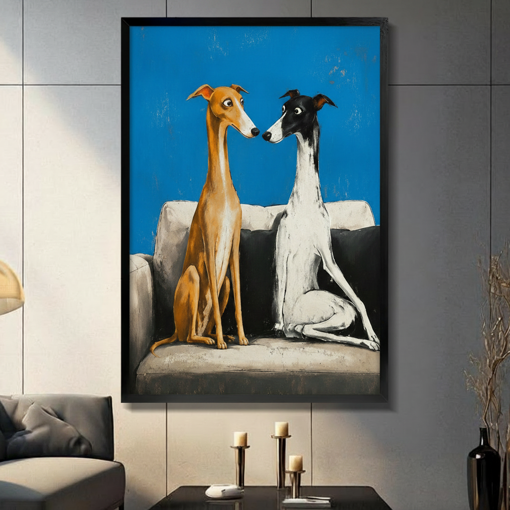 Two greyhounds facing each other on a sofa, framed canvas wall art in black frame hung on grey tile wall in modern living room