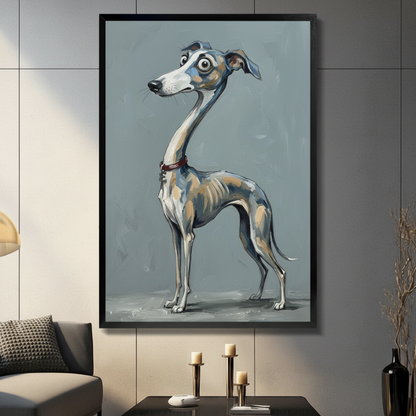 Whimsical greyhound portrait framed canvas wall art — expressive brushstroke dog illustration in cool gray-blue tones, displayed in modern living room