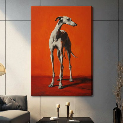 Canvas wrap print of a slender greyhound in full-body pose against vibrant orange background with deep red floor shadow, hung on grey wall beside dried botanicals