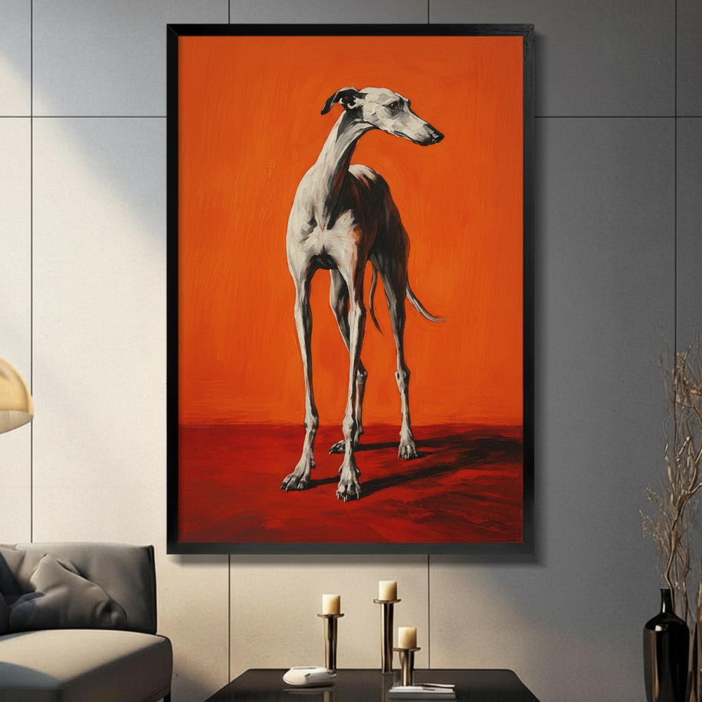 Framed canvas wall art of an elegant greyhound standing in full profile on bold orange-red background, oil painting style, displayed in dark modern living room with candlesticks