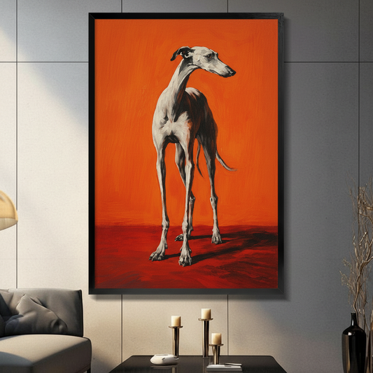 Framed canvas wall art of an elegant greyhound standing in full profile on bold orange-red background, oil painting style, displayed in dark modern living room with candlesticks