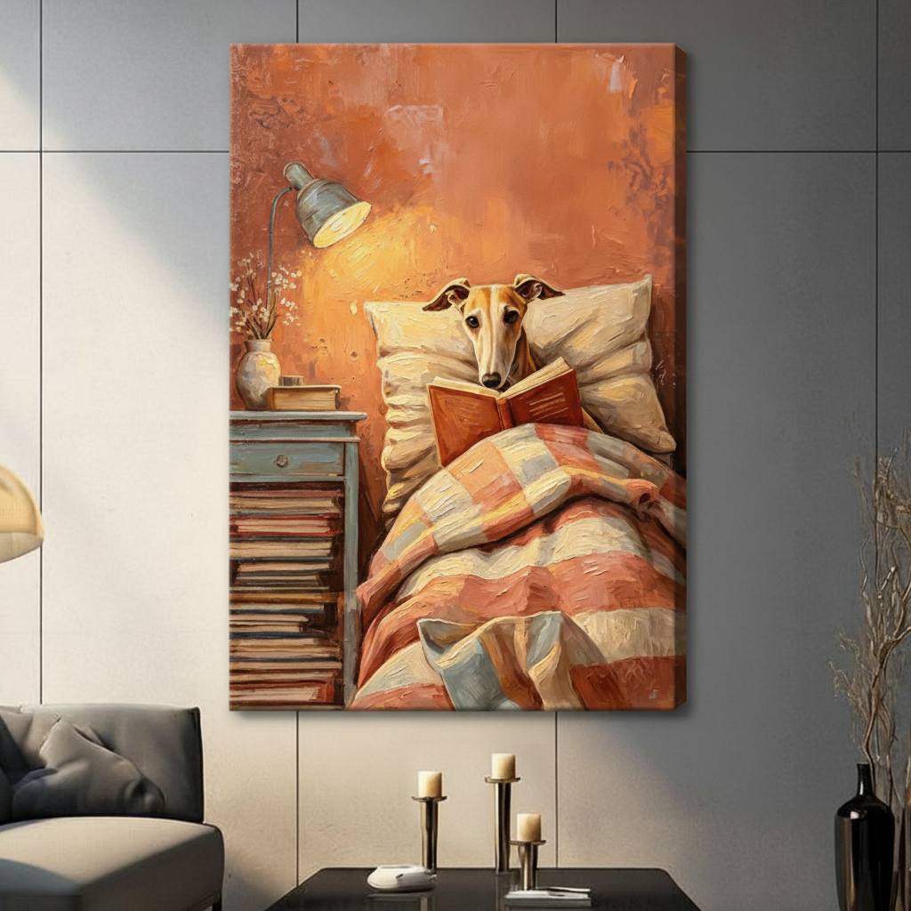 Gallery wrap canvas greyhound tucked in plaid quilt reading a red book beside a vintage lamp and stacked books warm orange impasto dog wall art