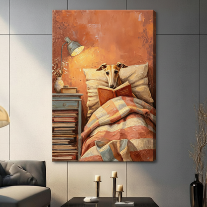 Gallery wrap canvas greyhound tucked in plaid quilt reading a red book beside a vintage lamp and stacked books warm orange impasto dog wall art