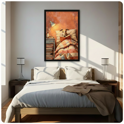 Black framed whimsical greyhound reading in bed warm orange impasto oil painting cozy dog canvas wall art above a dark wood bed with white linen