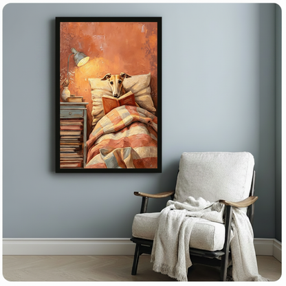 Black framed cozy greyhound reading in bed impasto oil painting warm orange tones whimsical dog canvas art hung beside a white lounge chair