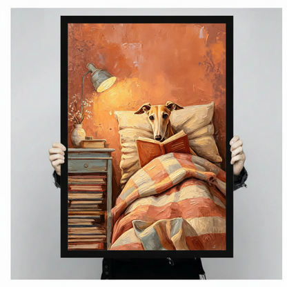 Hands holding black framed whimsical greyhound reading book in bed warm orange impasto oil painting funny dog canvas art size display