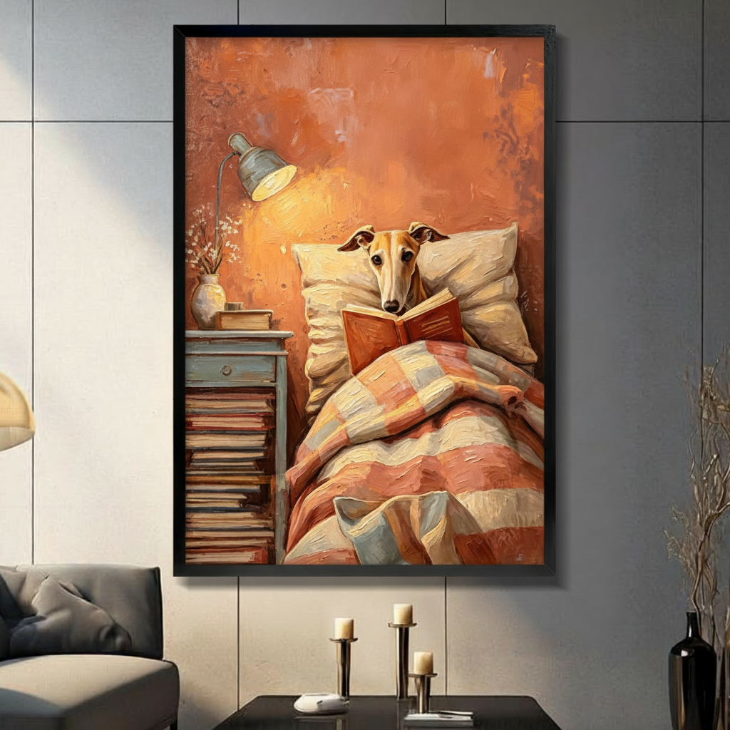 Black framed whimsical greyhound reading a book in bed warm orange impasto oil painting cozy dog canvas wall art in a modern living room