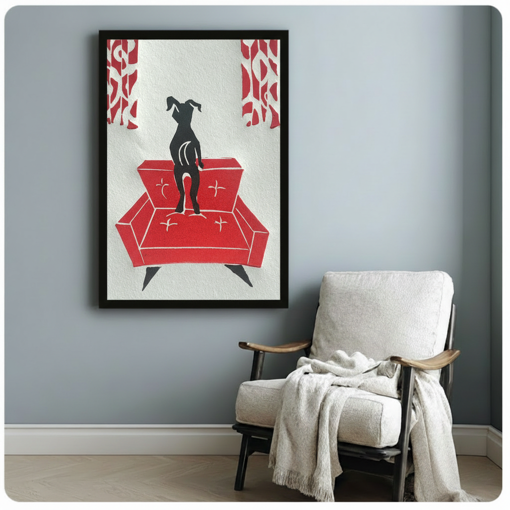 Elegant greyhound dog standing on a red vintage sofa, bold graphic art print in black frame displayed on blue-grey wall beside a linen armchair with throw blanket