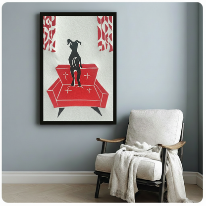 Elegant greyhound dog standing on a red vintage sofa, bold graphic art print in black frame displayed on blue-grey wall beside a linen armchair with throw blanket