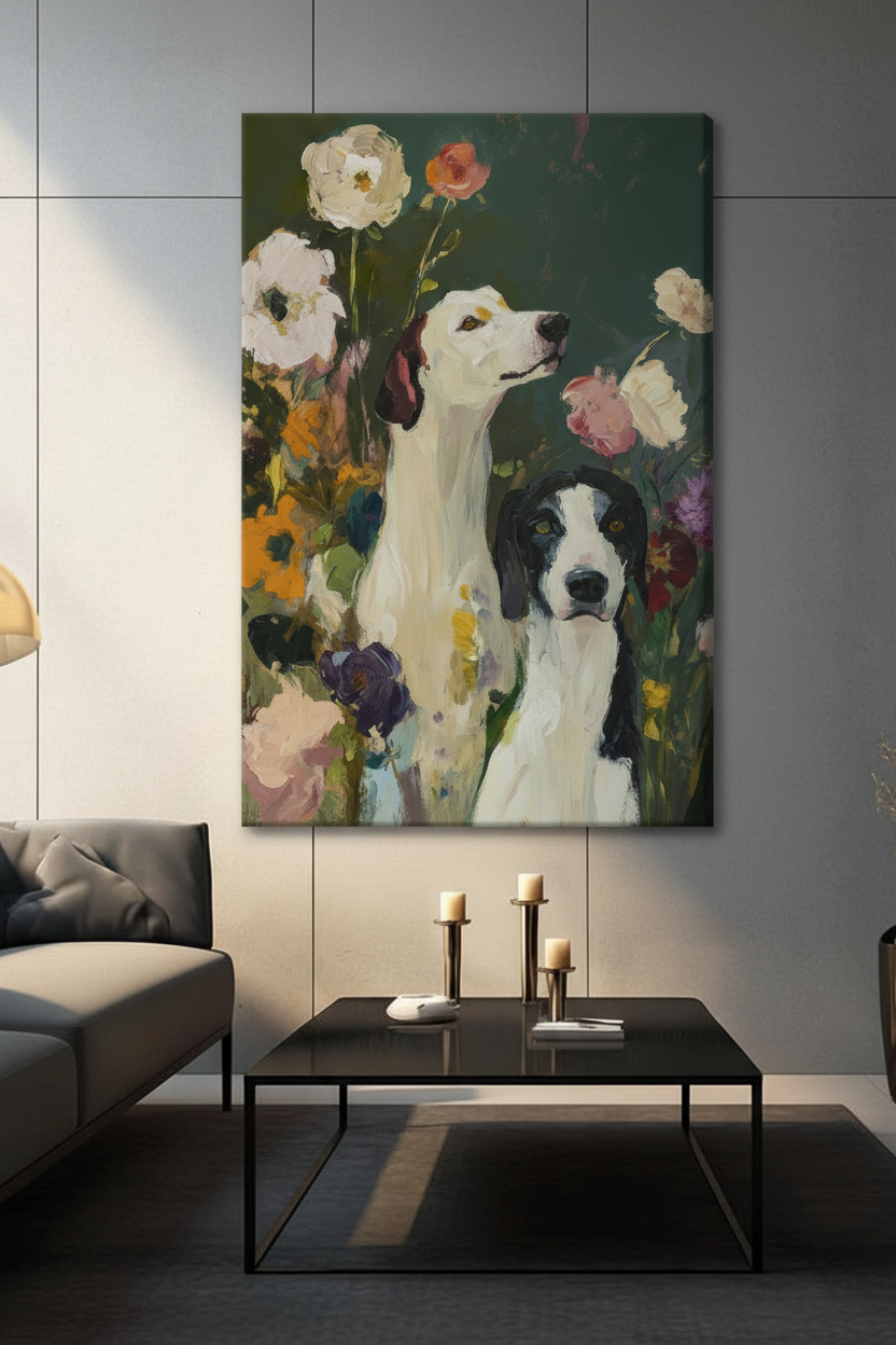 Unframed canvas print of a greyhound and a spaniel amid blooming roses and wildflowers, hung on a light wall in a contemporary living room with a dark coffee table