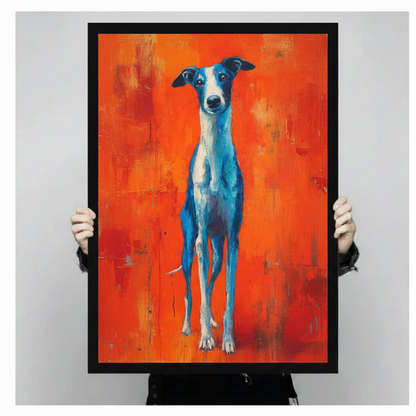 Framed greyhound canvas wall art — expressive brushstroke dog painting in cobalt blue and burnt orange