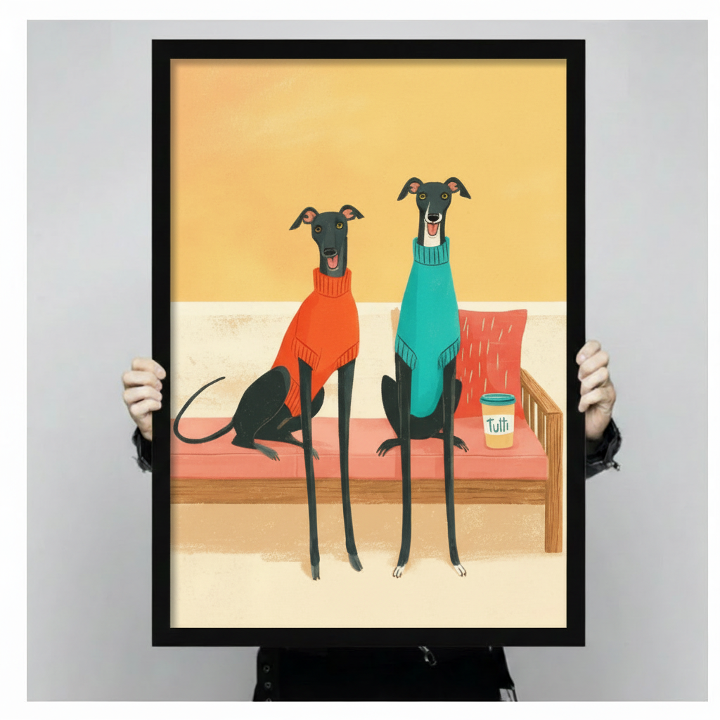 Close-up of a black framed canvas print showing two tall greyhounds in bright orange and teal sweaters, held by two hands to showcase print detail and quality