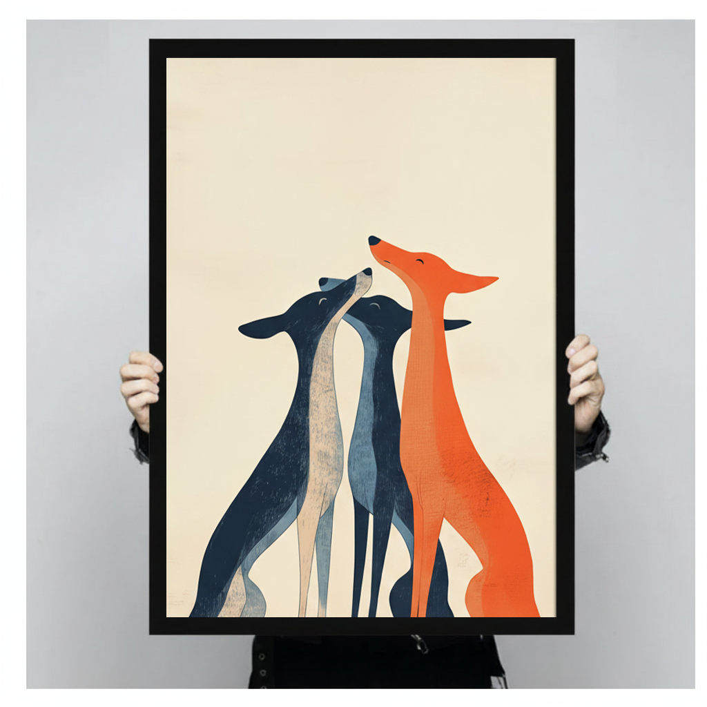 Close-up product shot of a framed minimalist wall art print showing three elegant greyhounds in navy and orange on a cream background, clean contemporary illustration style