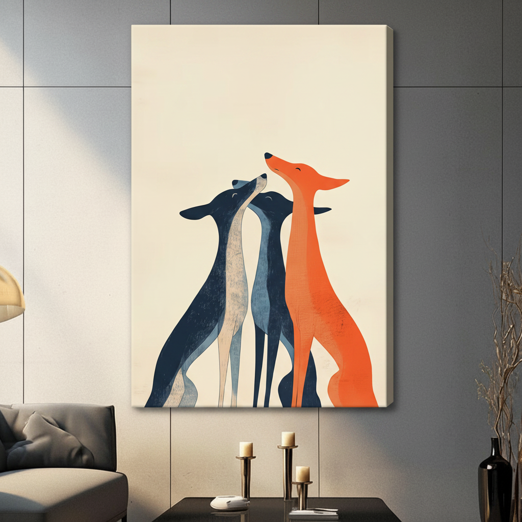 Gallery wrap canvas featuring three stylized greyhounds in bold navy and orange, minimalist illustration style on a warm cream background, hung on a gray living room wall