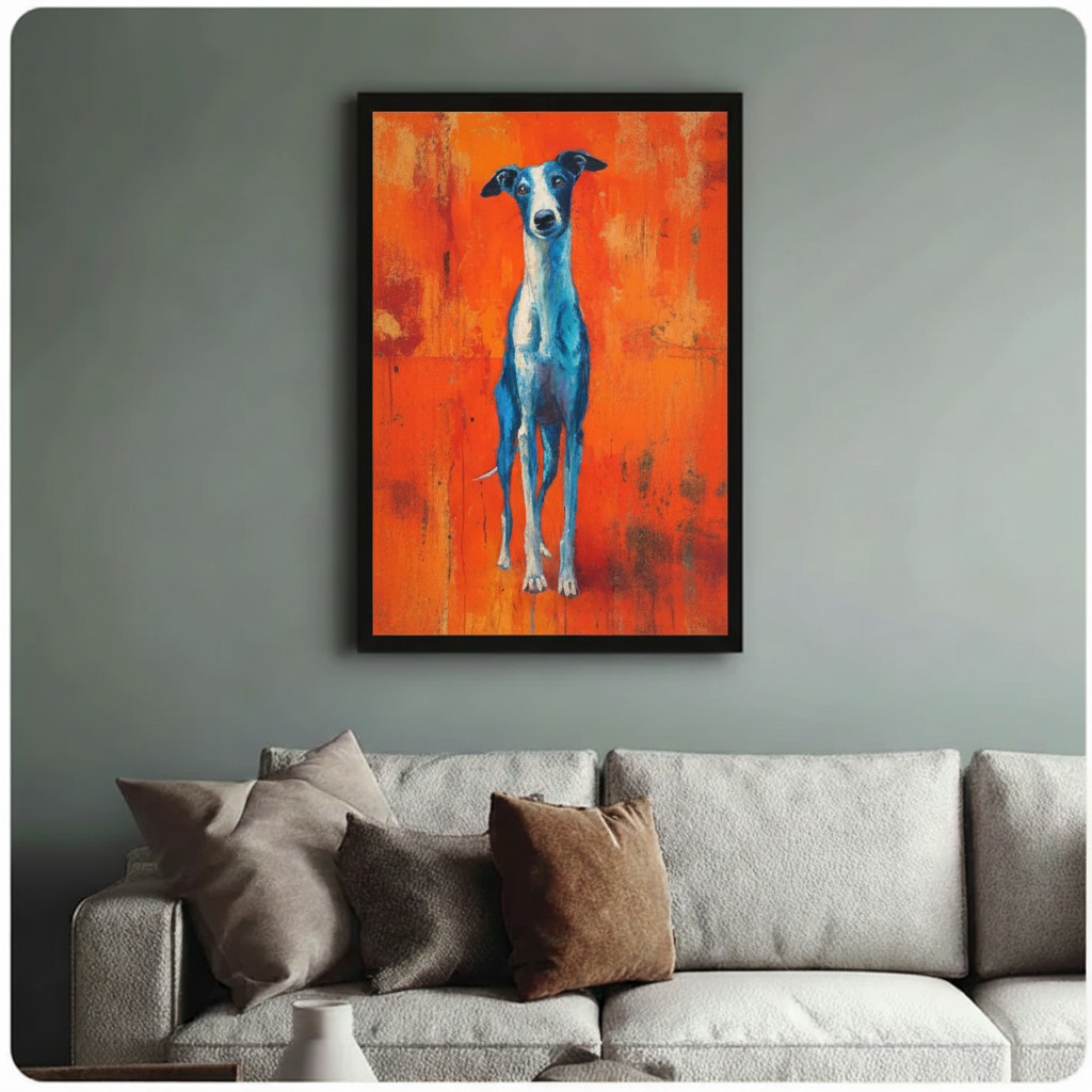 Striking blue and white greyhound wall art displayed above sofa — contemporary pet painting home décor