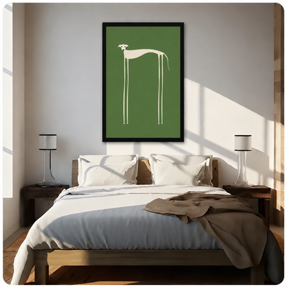 Framed greyhound minimalist art print displayed above bed as bedroom wall decor