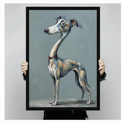 Framed greyhound wall art canvas held up for display — gallery-grade dog portrait print ready to hang, multiple sizes available