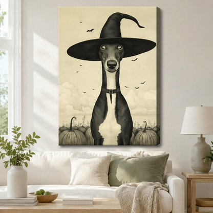 Gallery wrap canvas of a whimsical greyhound in a black witch hat with pumpkin patch background, hung above a white sofa in a cozy boho living room