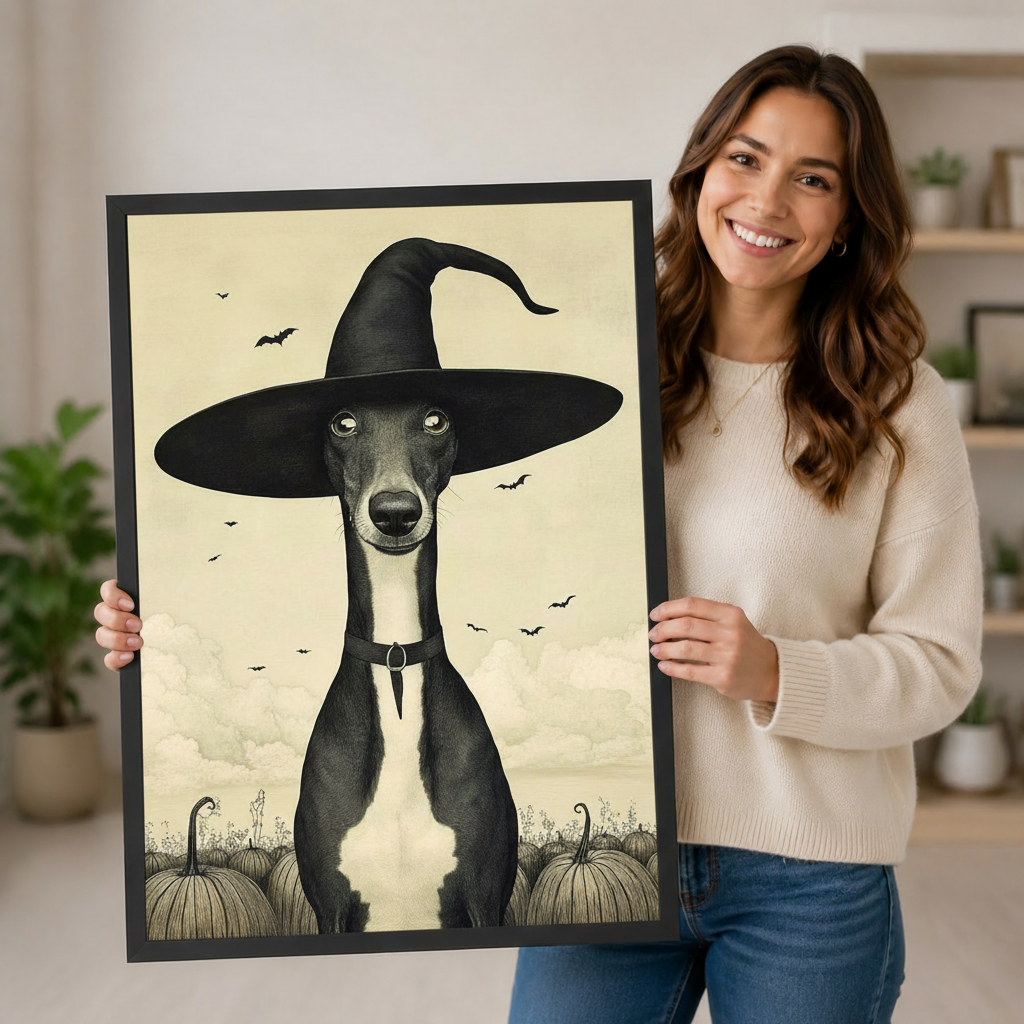 Woman holding a large framed Halloween canvas print of a greyhound wearing a witch hat, showing print size and black frame detail up close
