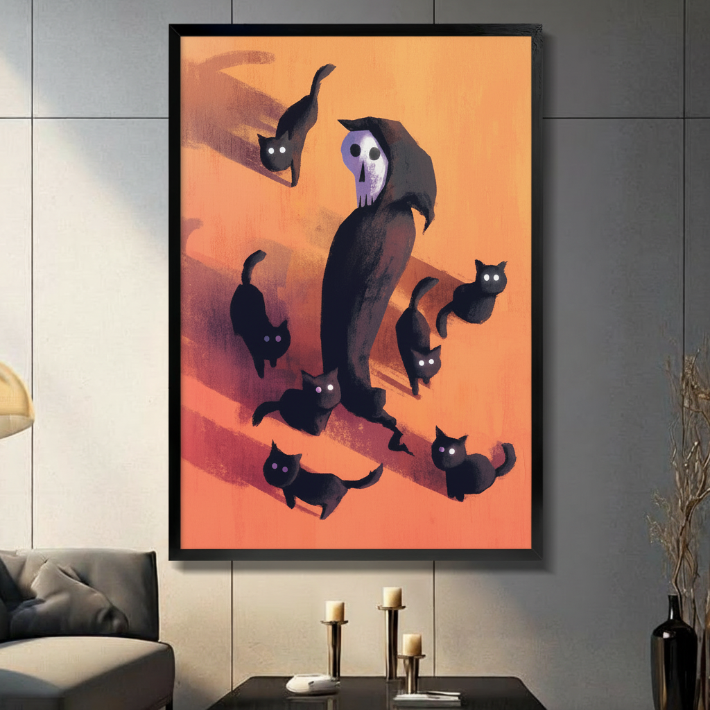 Framed canvas wall art of a hooded grim reaper skull figure surrounded by glowing-eyed black cats on a warm orange background, displayed in a dark modern living room