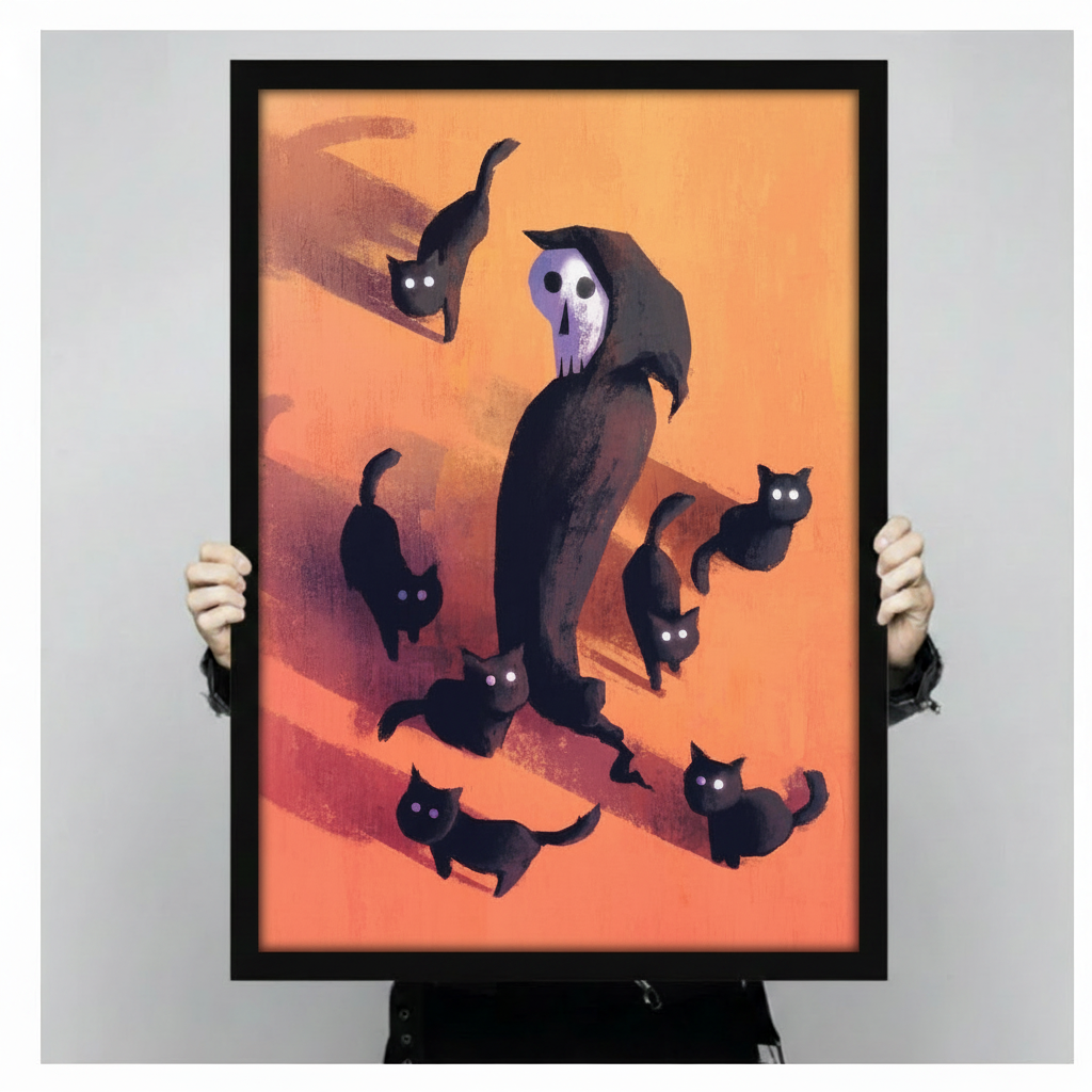Hand-held framed wall art print showing a dark skull-faced reaper in a black cloak encircled by seven black cats with glowing eyes on a warm orange background