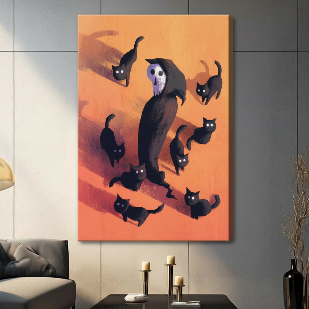 Gallery-wrapped canvas featuring a dark hooded skull reaper walking among seven black cats with glowing eyes on a bold orange background, hung in a contemporary living space