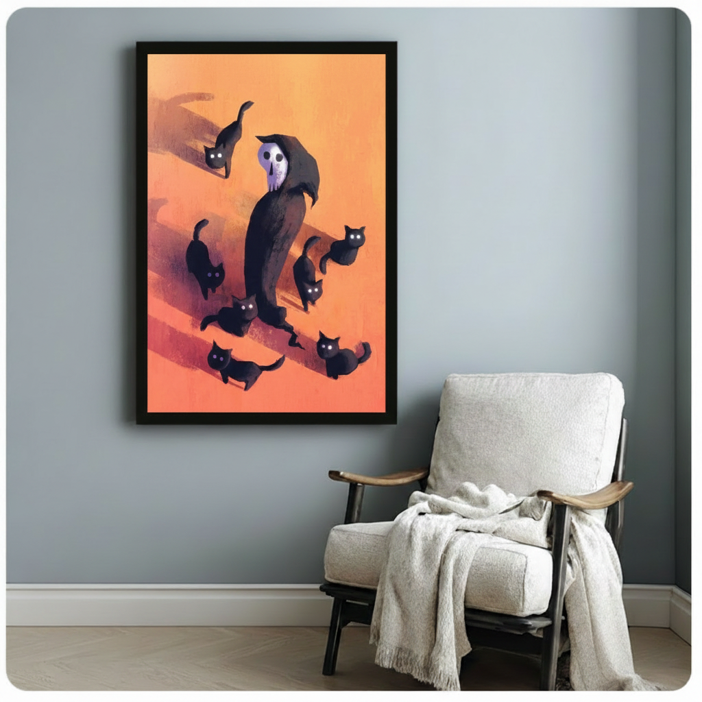 Vertical framed canvas of a hooded grim reaper skull surrounded by playful black cats on an orange background, hung on a blue-grey wall beside a white linen armchair