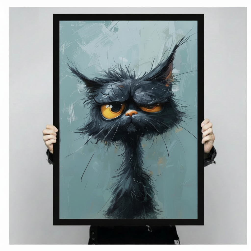 Person holding a large framed canvas art print of a grumpy black cat with expressive yellow eyes and messy fur against a dusty teal painted background