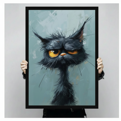 Person holding a large framed canvas art print of a grumpy black cat with expressive yellow eyes and messy fur against a dusty teal painted background