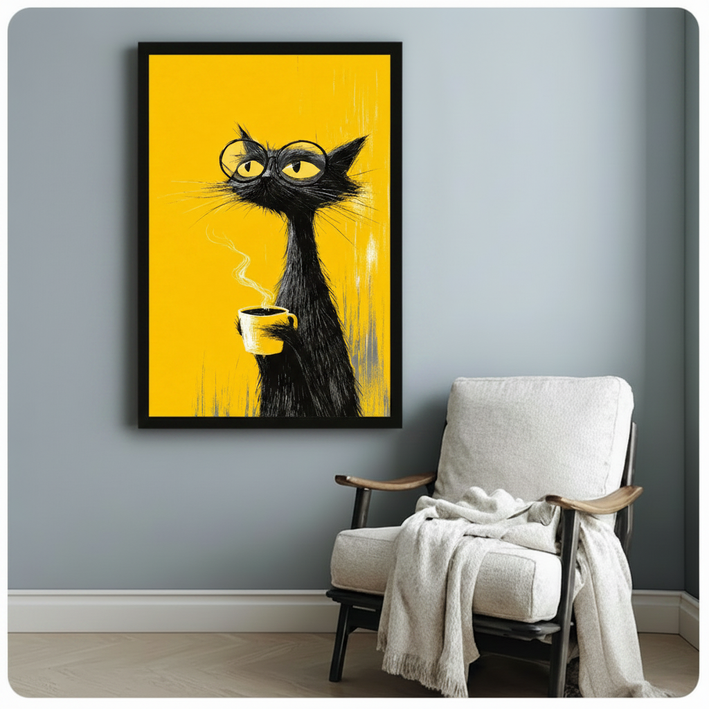 Black framed art print of a moody black cat in round glasses holding a steaming coffee cup on a bright yellow background, mounted on a blue-grey wall beside a white linen armchair
