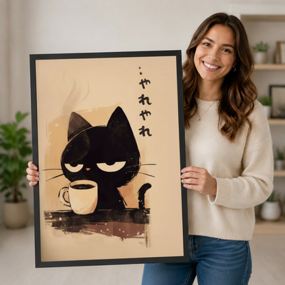 Smiling woman holding a large framed Japanese-style grumpy black cat coffee wall art print showing artwork size and warm beige tone detai