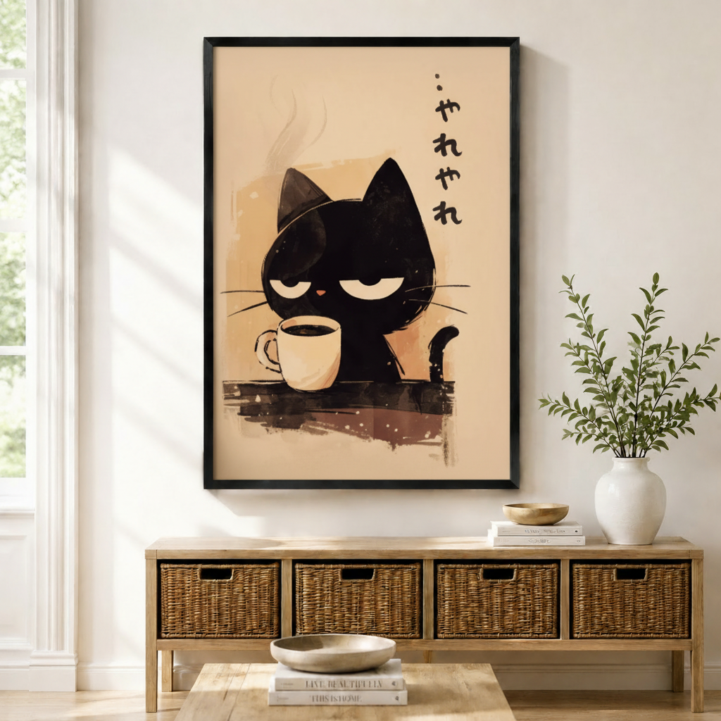 Gallery-wrapped canvas of a sleepy black cat clutching a coffee cup with Japanese やれやれ text on warm beige background hung above a white sofa in a cozy living room